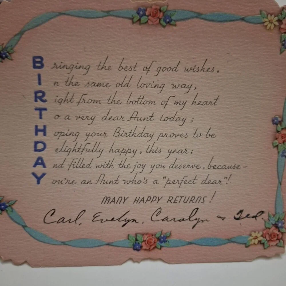 Vintage Birthday Card Aunt‎ Wishes Floral Folded Embossed Signed Junk Journal